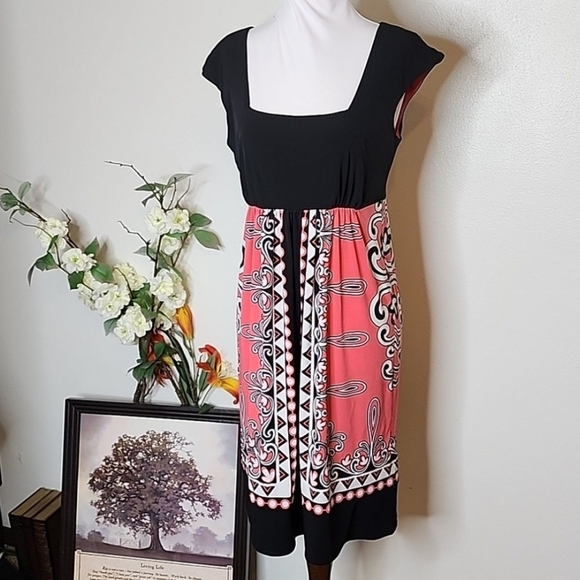 London Times Coral Scroll Abstract Pattern Dress Black Sheath Summer Bohemian - Picture 9 of 12